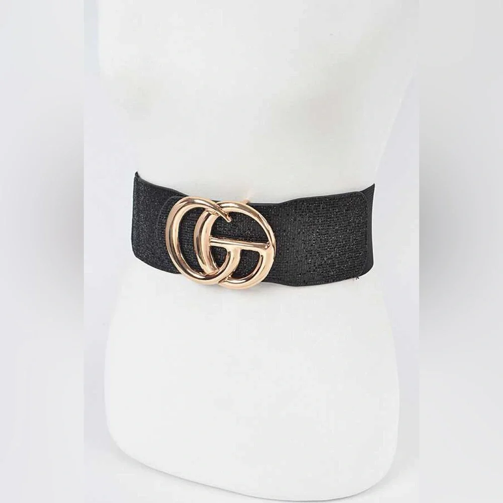 Black Oversized Metal Buckle Accented Elastic Statement Belt